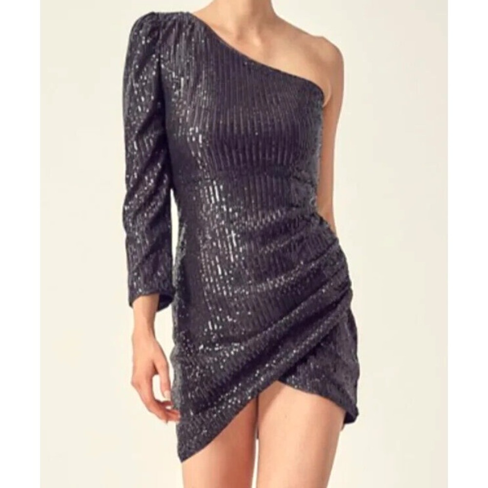 DO+BE Lined SEQUIN Black ONE-SLEEVE Gathered Side COCKTAIL Surplice Mini Dress S
